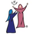 Two women reaching toward a dove